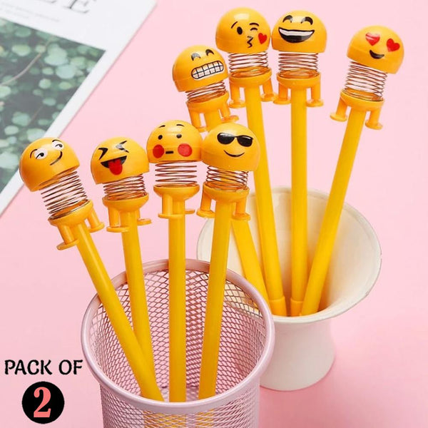 Pack of 2 - Korean Fancy Stationery Funny Emoji Bouncing Heads Gel Pen Smiling Face Pen with spring shake,Emoji Pen for kids,School,Office,Stationery,Gifts
