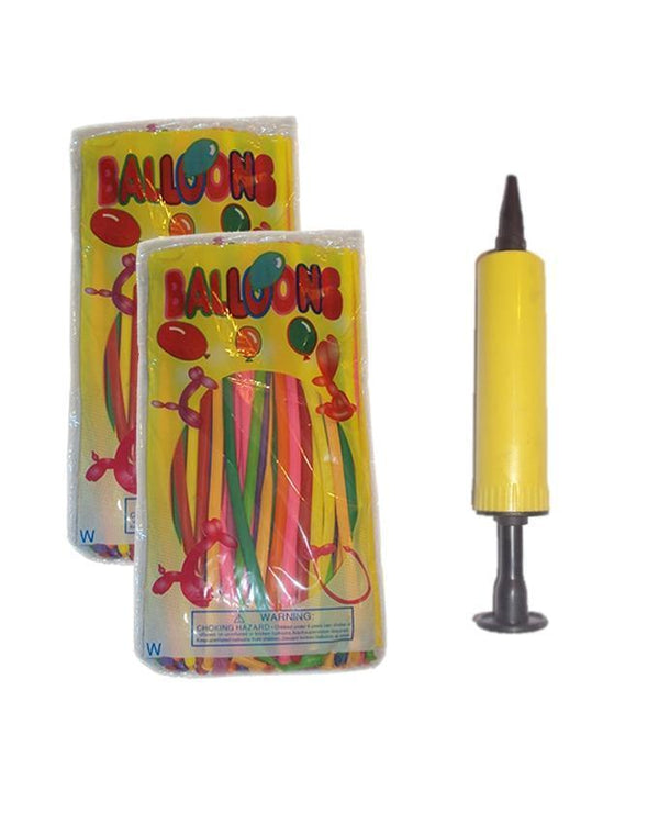 Party Supplies -Long Shape Baloon with Pump - Pack 100 Pcs - Multicolor