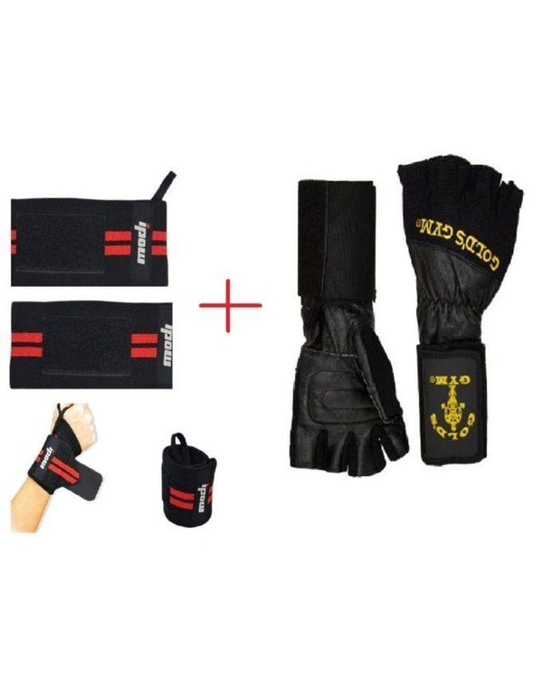 Pack of 2 - Gym Wrist Wrap + Lifting Gloves + Weight Lifting Gym Strap - Black