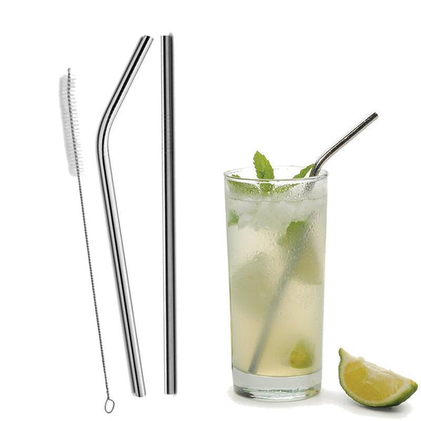 Reusable Straight and Bent Stainless Steel Straws with Cleaning Brush - Safe, BPA Free, Eco-Friendly