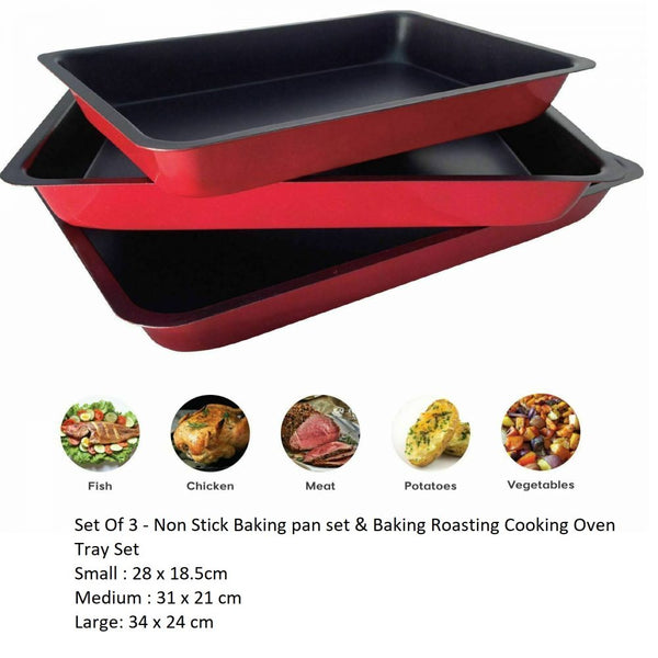 Set Of 3 - Non Stick Baking pan set & Baking Roasting Cooking Oven Tray Set - 28 x 18.5cm, 31 x 21 cm, 34 x 24 cm