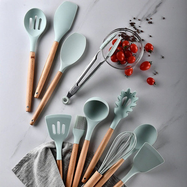 12 Pieces - Silicone Spoon Set with Wooden Handle